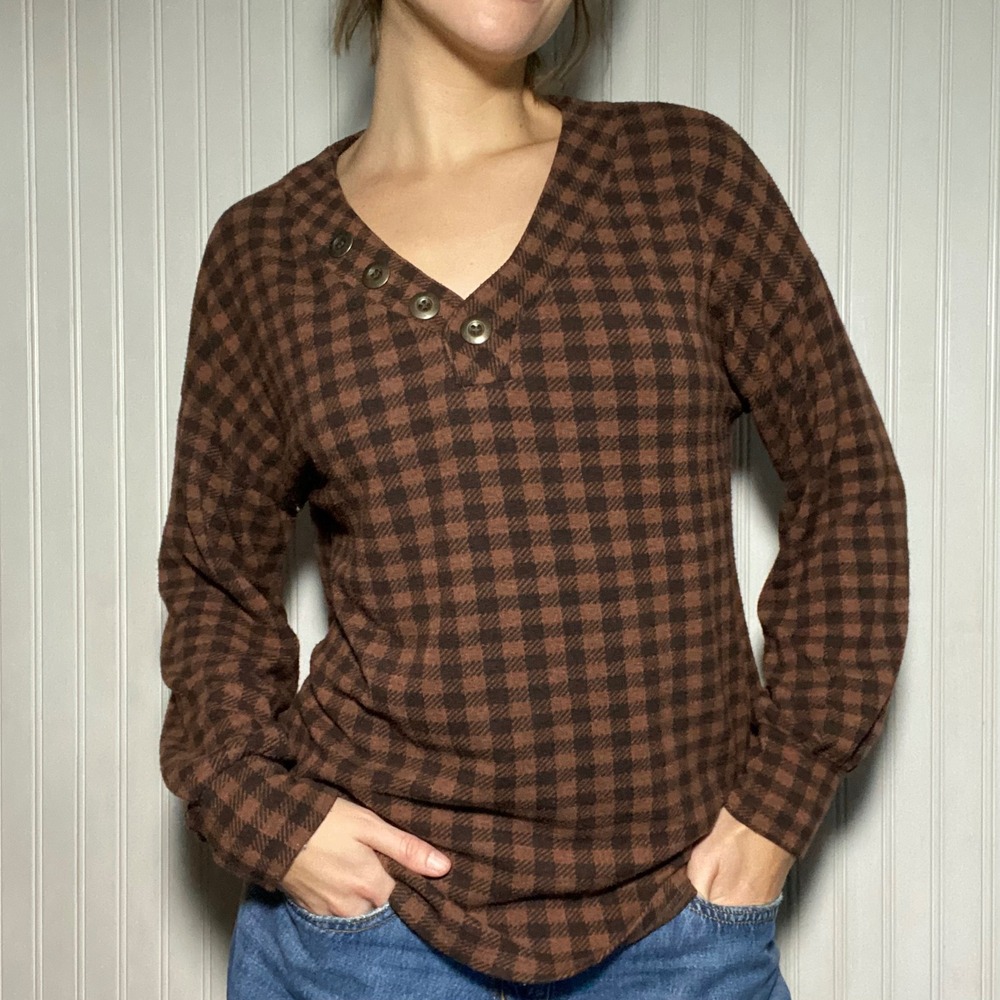 Soft Surroundings Cottagecore Brown Plaid Henley Balloon Sleeve Top Soft Girl PM